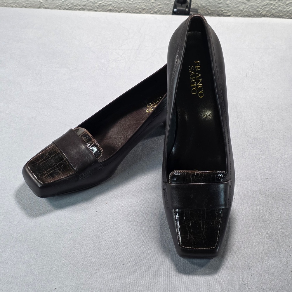 Franco Sarto L-Fever‎ Dark Brown Leather Square Toe Block Heel Pumps 8M